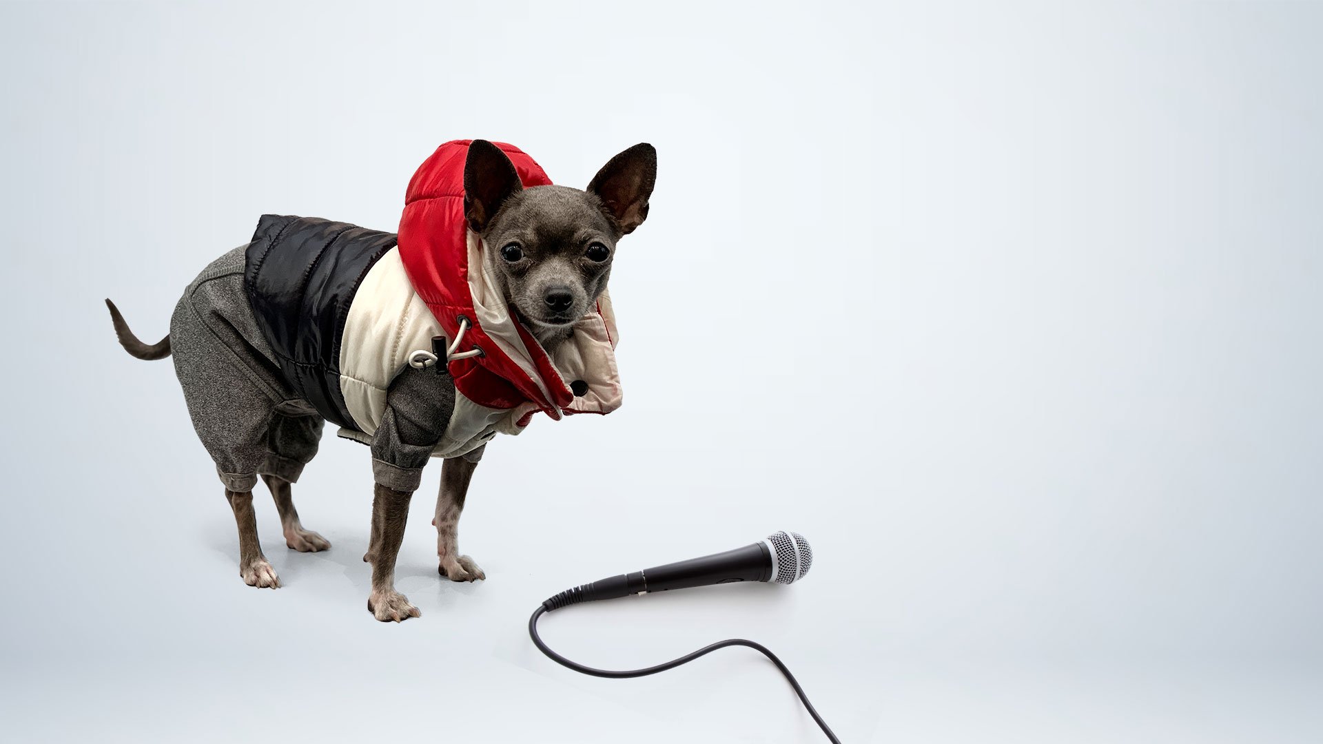 Lil Suka in a red puffer jacket next to a microphone